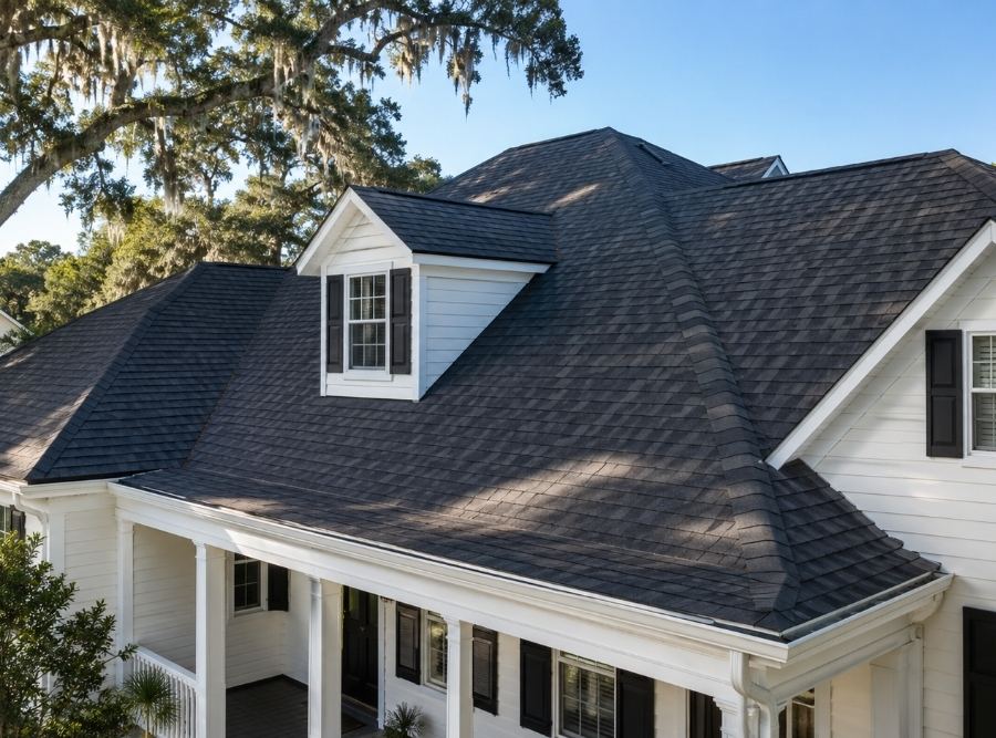 Beautiful Lowcountry home with an architectural asphalt shingle roof in Bluffton, South Carolina.