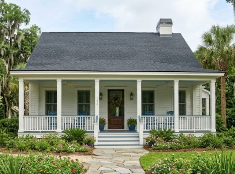 Beautiful coastal Lowcountry home with white siding, a wide front porch, and a newly installed architectural shingle roof.