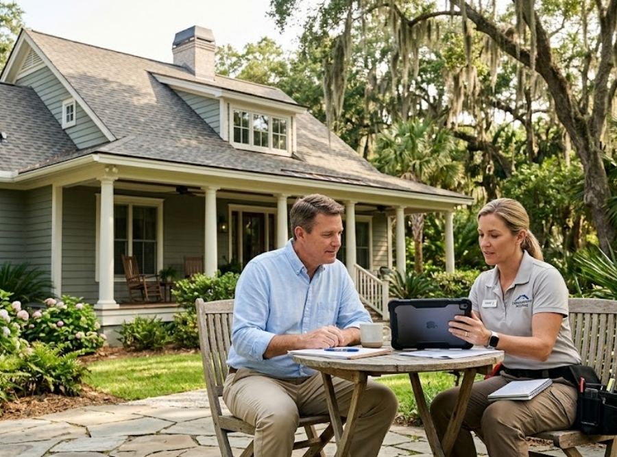Homeowner and roof contractor discussing a home improvement project on a tablet in a lush South Carolina garden.