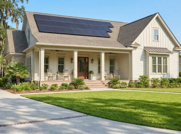 Modern Lowcountry home in Hardeeville, South Carolina featuring newly installed roof solar panels.