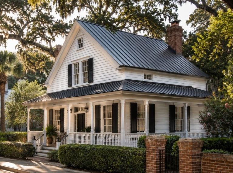 Historic Bluffton SC home with standing seam metal roof beneath live oak trees.