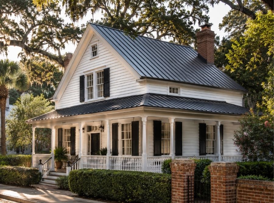 Historic Bluffton SC home with standing seam metal roof beneath live oak trees.