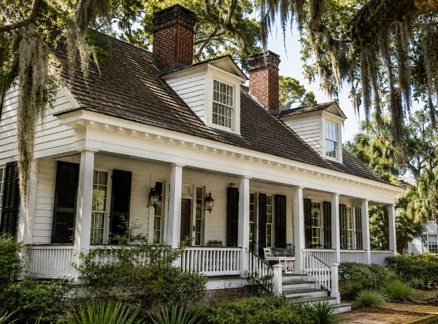 Historic home with preserved roof in Beaufort, SC surrounded by Spanish moss and Lowcountry architecture.