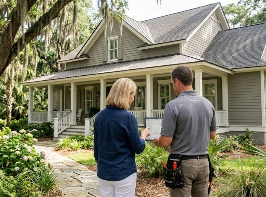 Homeowner discussing project with contractor, showing him details on a tablet on stone pathway of Lowcountry style house.