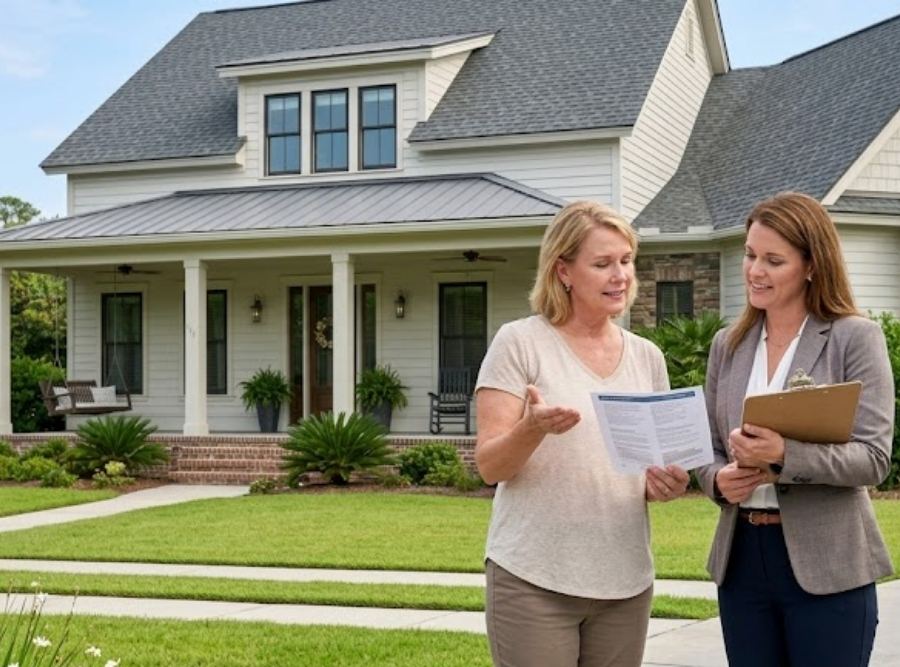 Homeowner and real estate agent discussing a roof inspection in front of a house with a new architectural shingle roof.