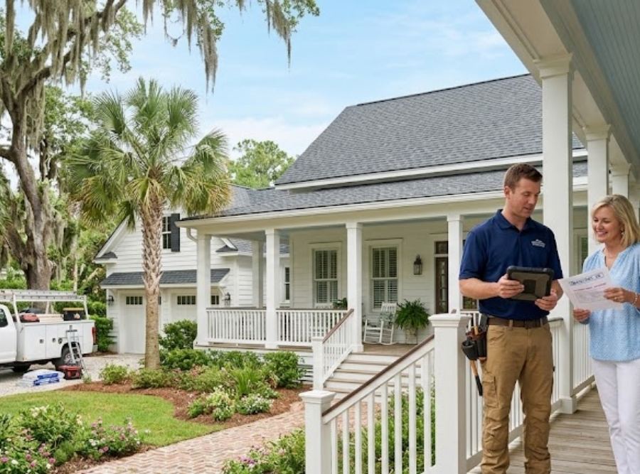 Roofing contractor and homeowner reviewing documents in front of a coastal Lowcountry home with a new architectural shingle roof.