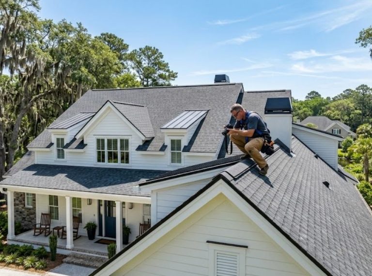 Roofing contractor inspecting architectural shingle roof on a luxury Lowcountry home in Bluffton, SC.