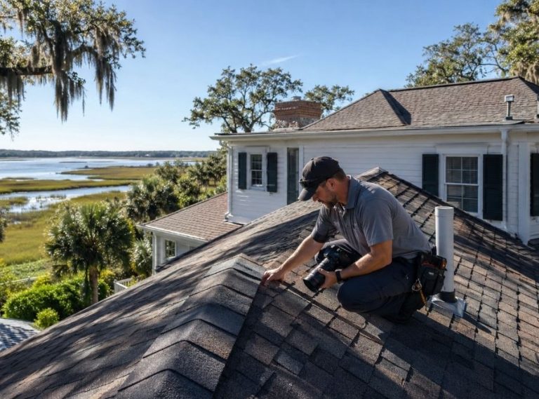 Professional roofing contractor inspecting an asphalt shingle roof on a Hilton Head Island coastal home.