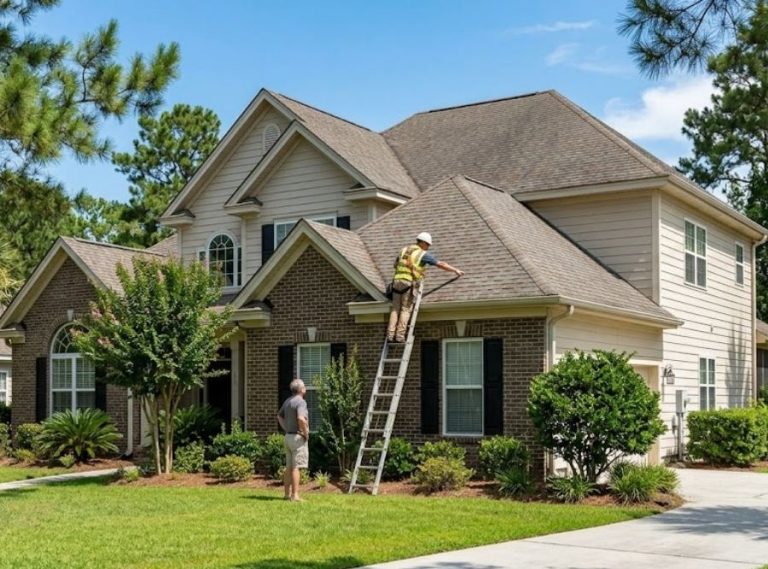 Roofing contractor inspects the roof of a large suburban home for a client on a sunny day.