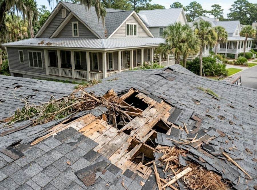 Severe storm damage with broken architectural shingles and exposed decking on a coastal Hilton Head Island roof.